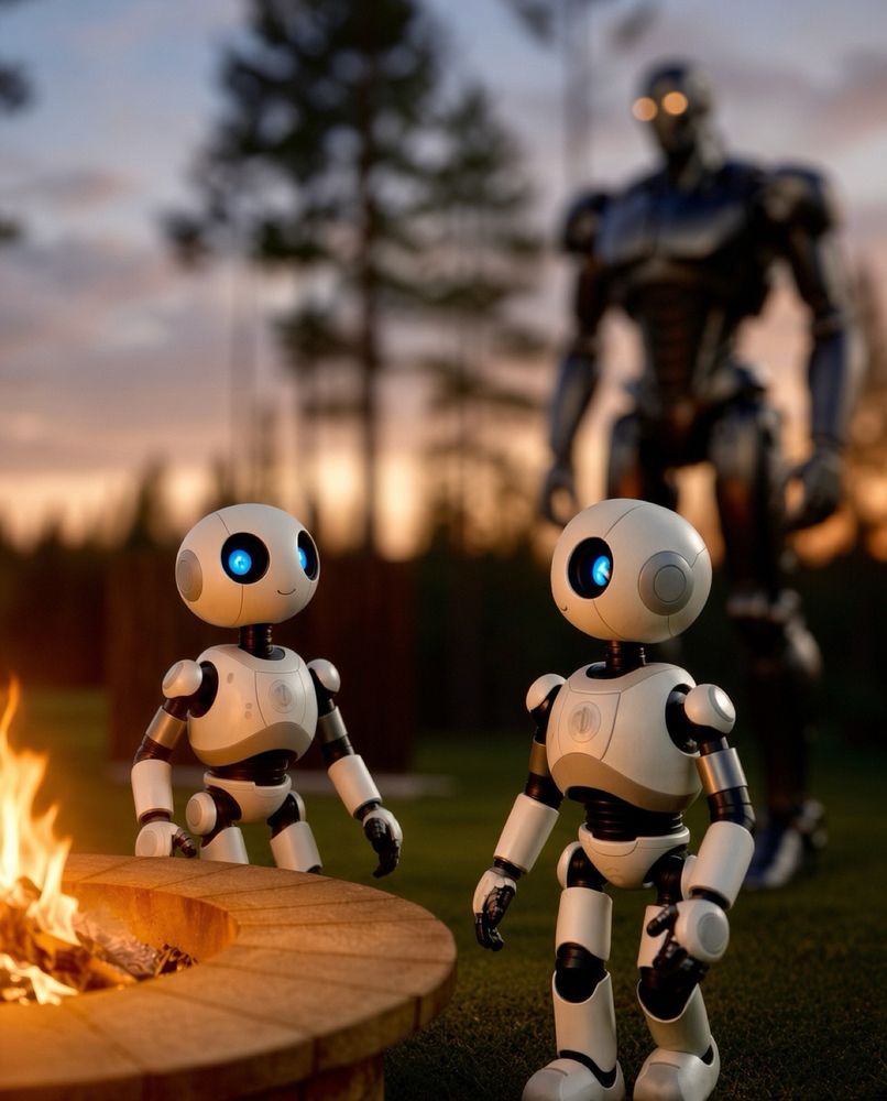 Small robots by a fire pit at dusk