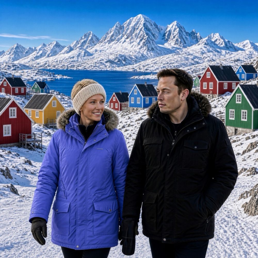 The fictional Elon and Inga Larson in a snowy village