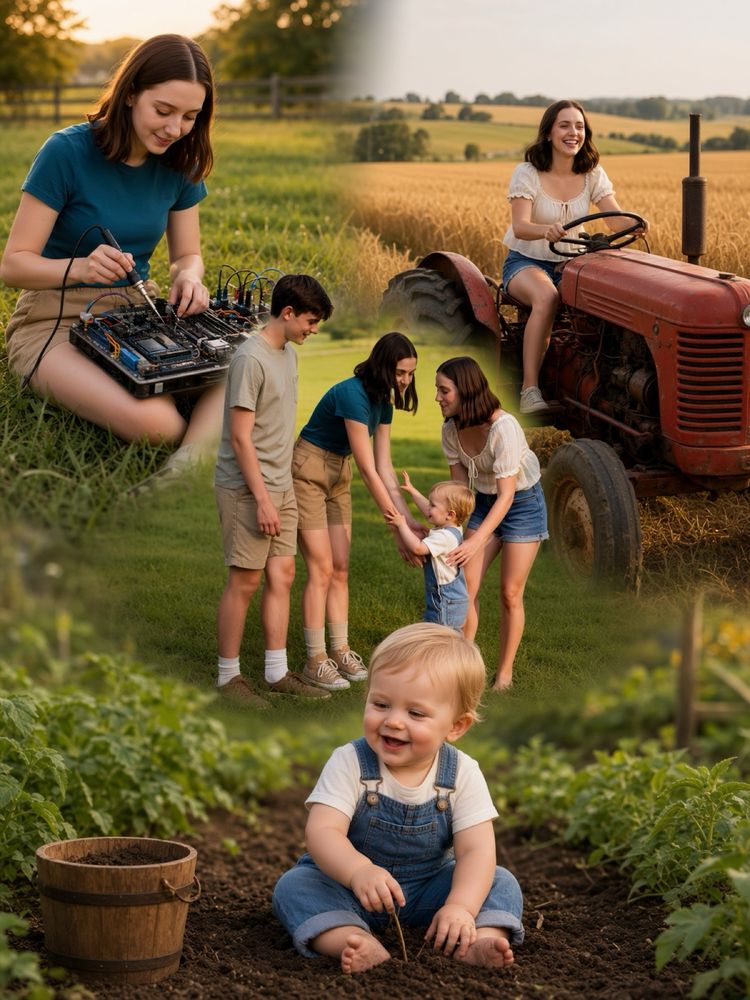 A family working a garden beside a tractor