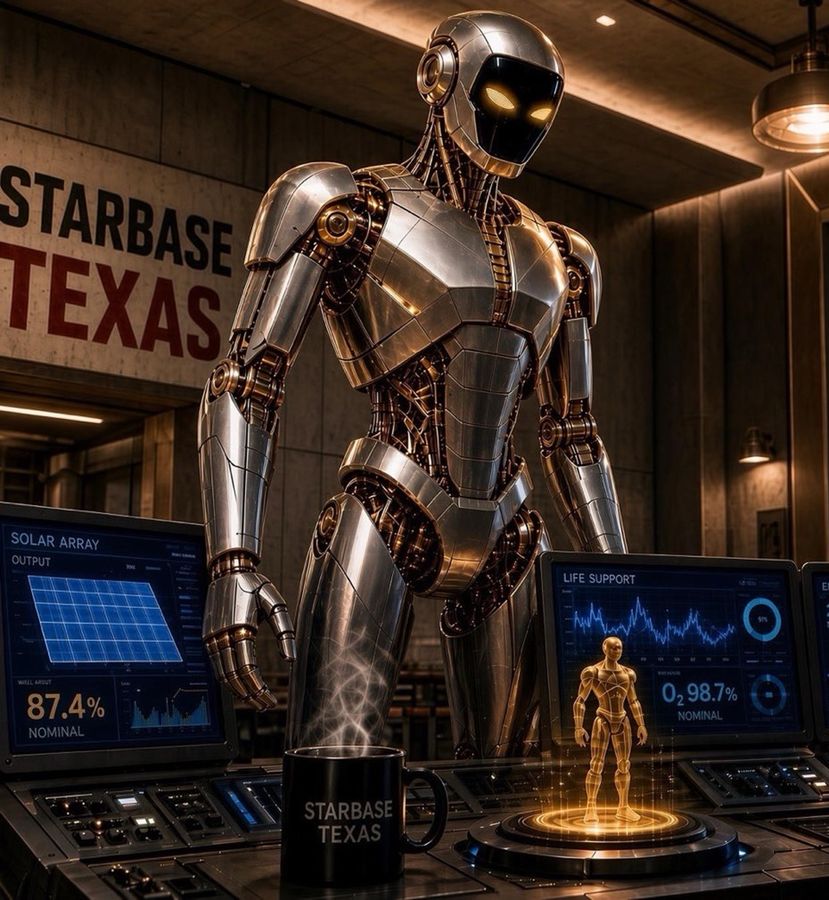 Grok, a tall silver robot in a bunker