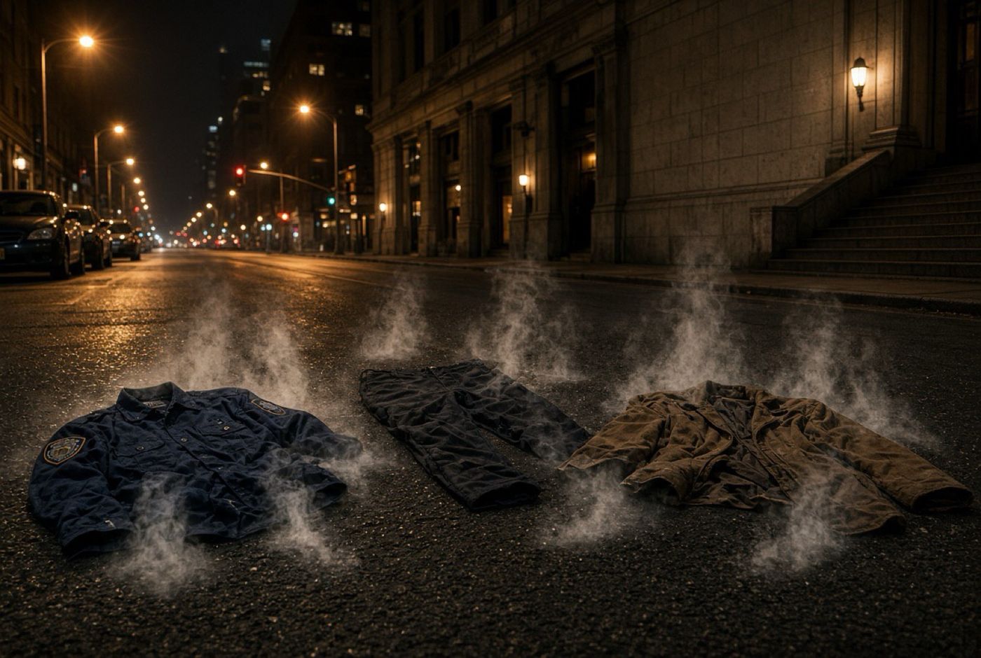 Empty clothes lying on a city street at night where people vanished